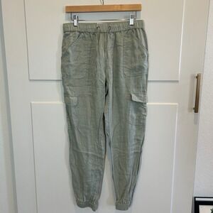 Nicole Miller New York Womens Sage Green 100% Linen Cargo Jogger Pants Size M